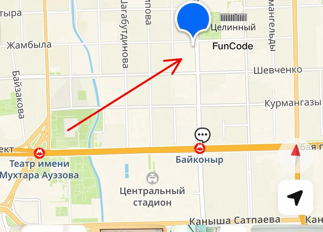 Карта: FunCode рядом с Центральным стадионом и метро Байконур